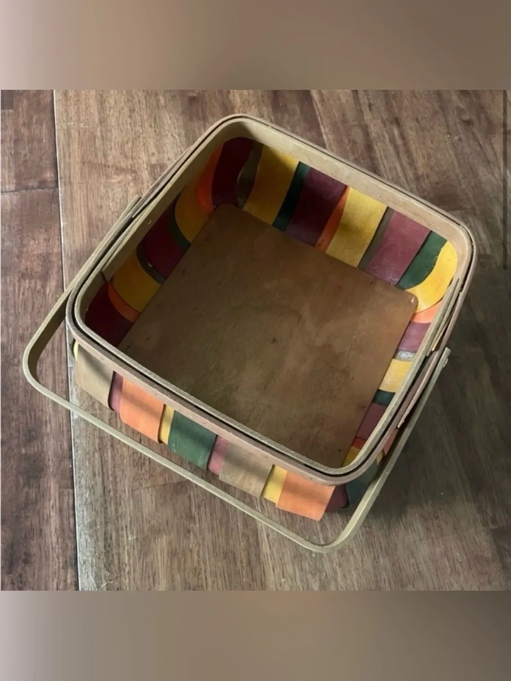 Vintage Multi-Color Wood Slat Squared Basket with Handle